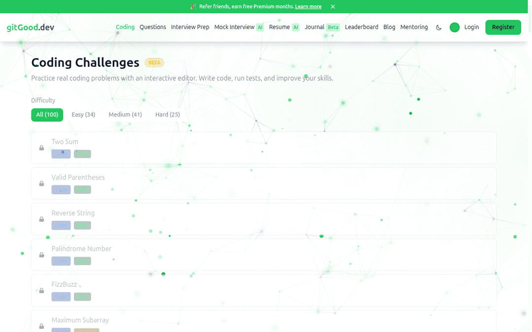 Interactive coding challenges with real-time code execution and test results