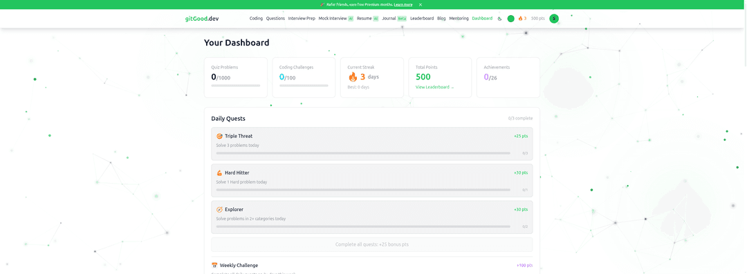 Personal dashboard with daily quests, streak tracking, and progress stats