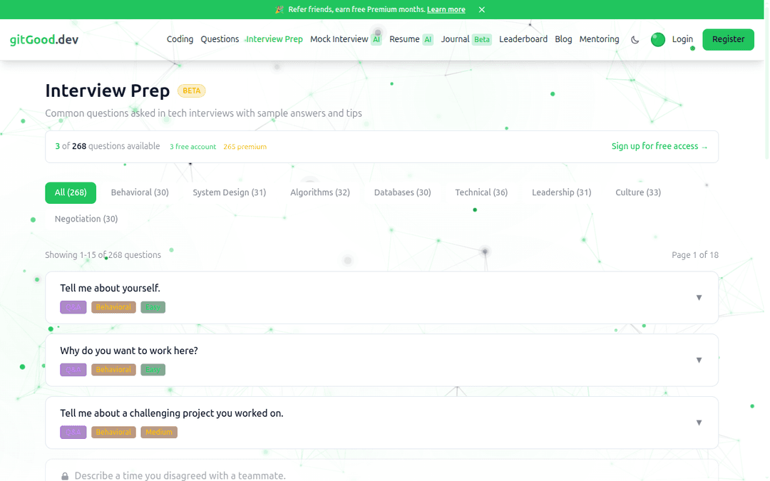 Interview prep with practice questions, sample answers, and tips