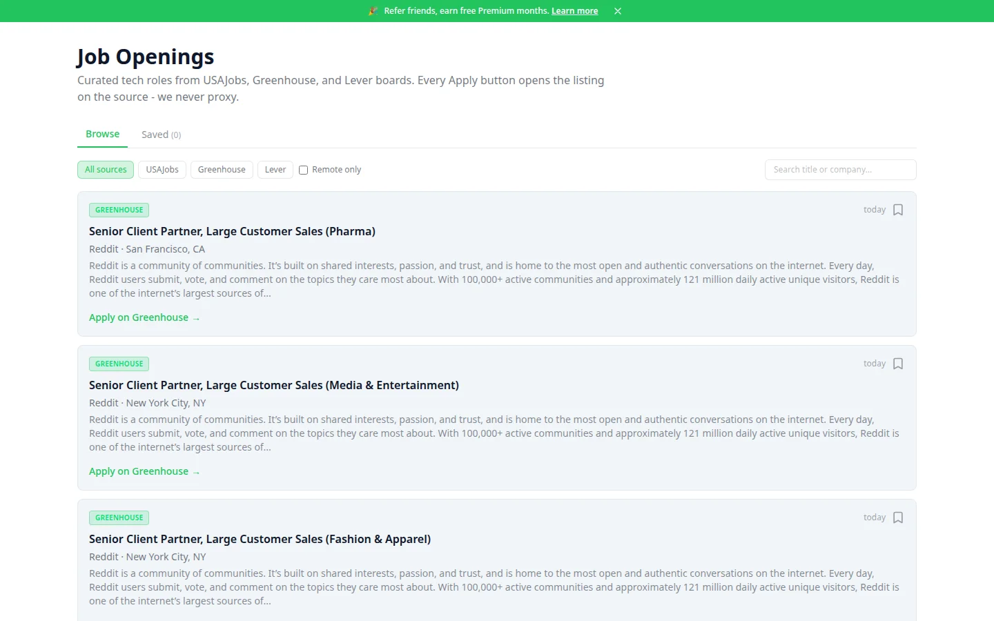 Curated openings board with engineering roles from USAJobs, Greenhouse, and Lever